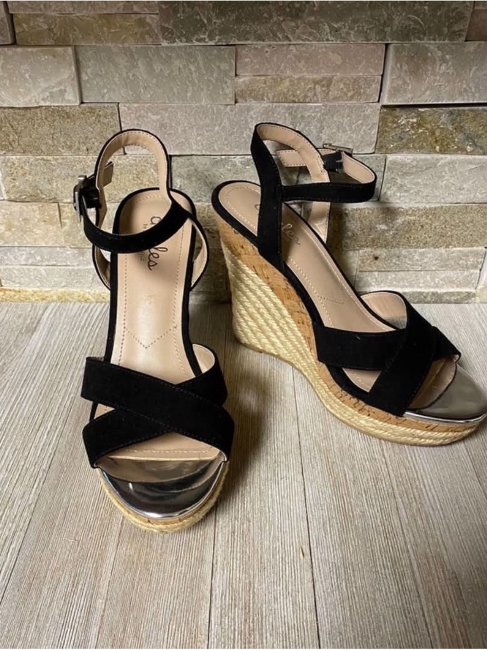 Charles David Black Suede Espadrille Wedge Sandals